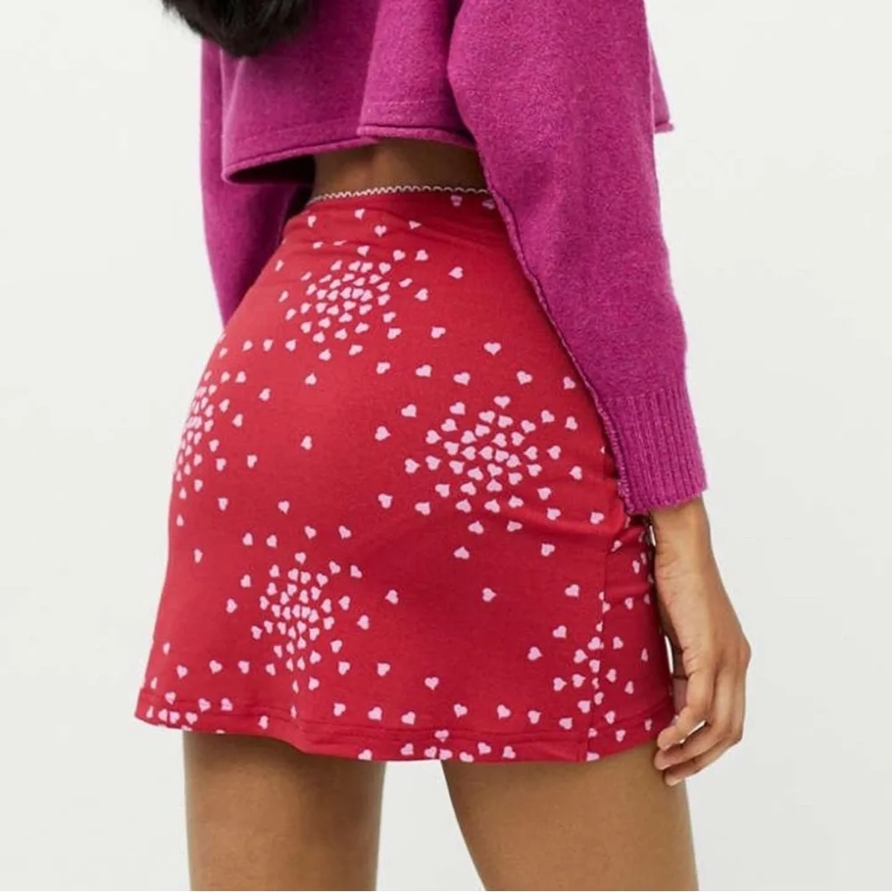 Urban Outfitters Red Heart Print Mini Skirt Ruched Wrap Style Bodycon M
